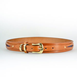 Calgary Leather Belt in Tan with Brass buckle and two brass loops and tartan eye shaped inserts into leather overlay